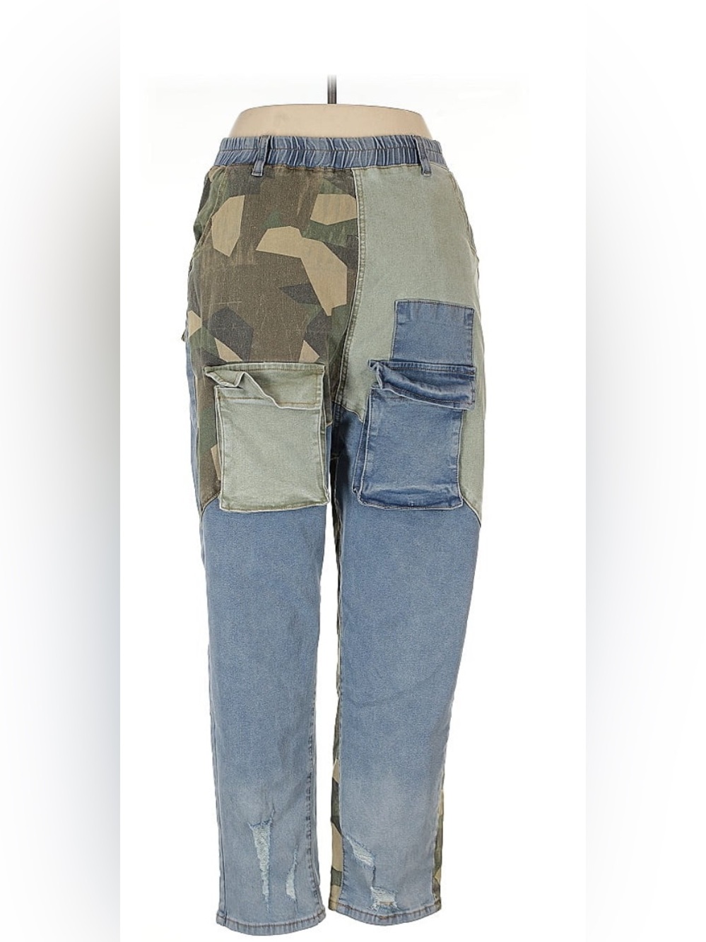 Patchwork Cargo Pants in Camo, Olive & Denim